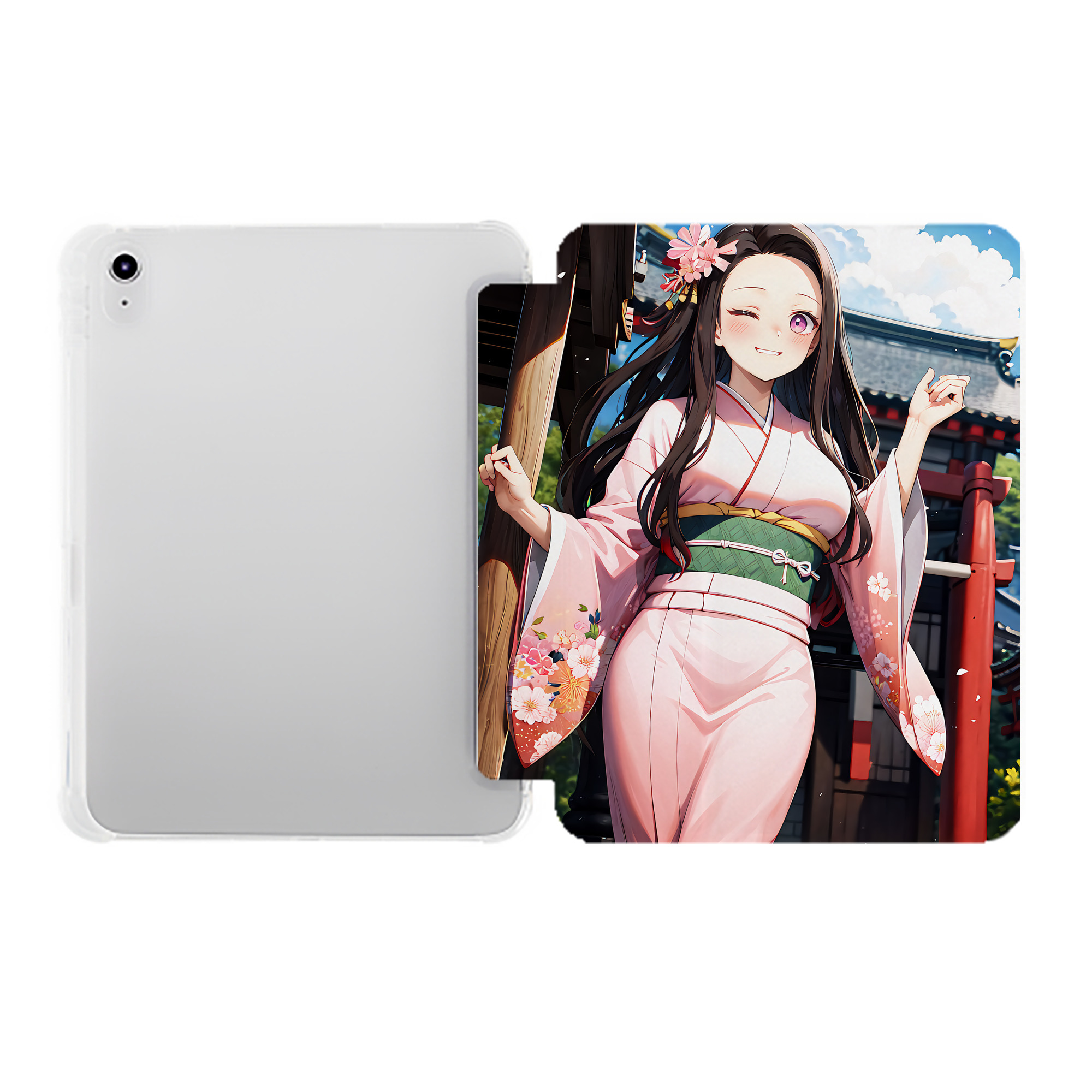 （画像用） 鬼滅の刃（きめつのやいば）竈門 禰󠄀豆子／かまど ねずこ Kamado Nezuko IPad ケース ペン収納付き 三つ折りスタンド PUレザー×シリコン 対応機種9.5/10.5/10.9インチ
